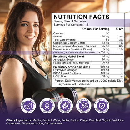 Creatine Monohydrate Gummies for Women & Men, Boost Focus, Strength, and Endurance, Gluten-Free, Non-Gmo, 4 Grams of Creatine per Serving , 60 Gummies