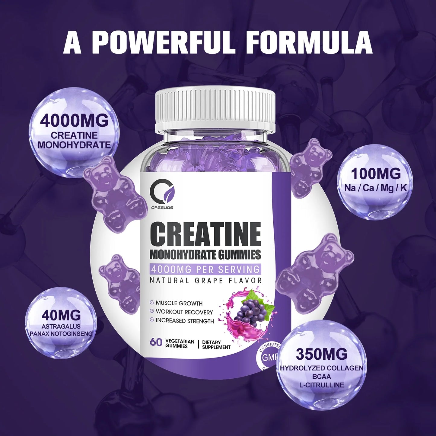 Creatine Monohydrate Gummies for Women & Men, Boost Focus, Strength, and Endurance, Gluten-Free, Non-Gmo, 4 Grams of Creatine per Serving , 60 Gummies