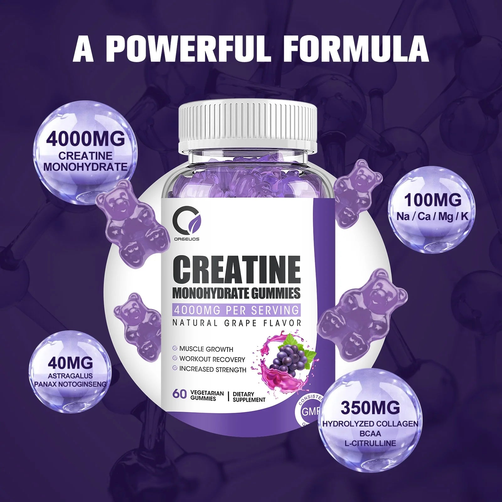 Creatine Monohydrate Gummies for Women & Men, Boost Focus, Strength, and Endurance, Gluten-Free, Non-Gmo, 4 Grams of Creatine per Serving , 60 Gummies